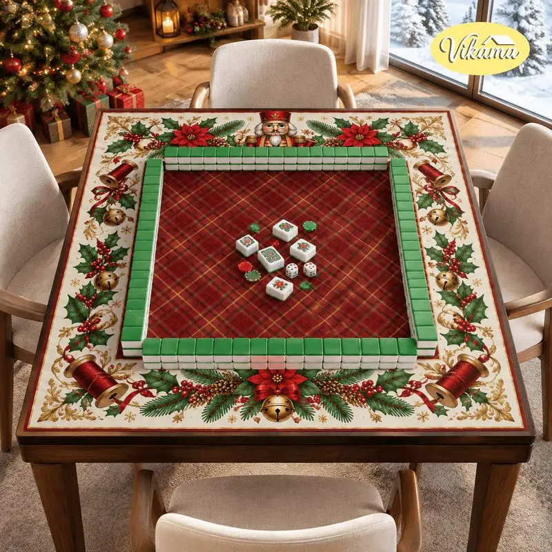 VIKAMA Christmas Mahjong Mat Red Plaid Poinsettia Holly Bells Foldable Mahjong Table Mat Cover Table Game Holiday Party Decor