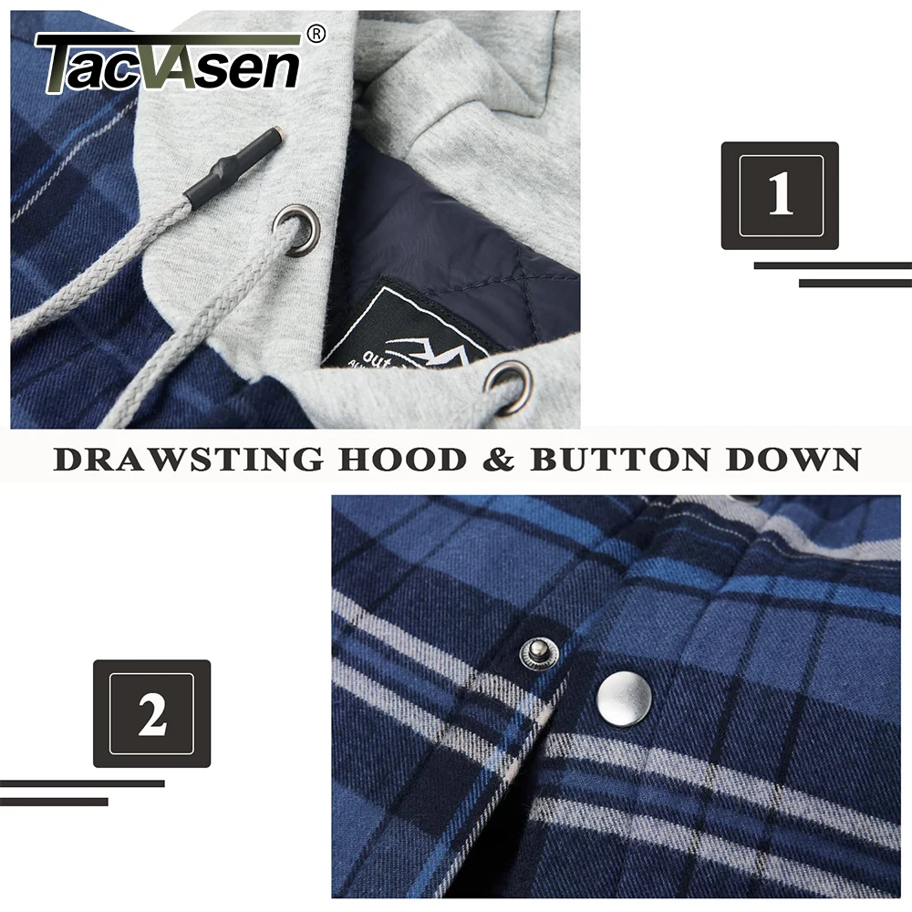 TACVASEN Men\'s Flannel Shirt Jackets with Hood Long Sleeve Quilted Lined Plaid Coats Thick Warm Winter Casual Hoodie Outerwear