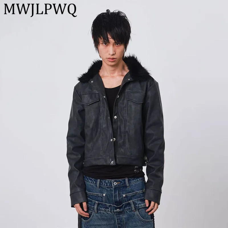 

MWJLPWQ Men's Dark Metal Buckle Fur Collar Leather Jacket Street Washed Distressed Straight Shoulder Short Cotton Coats 14718