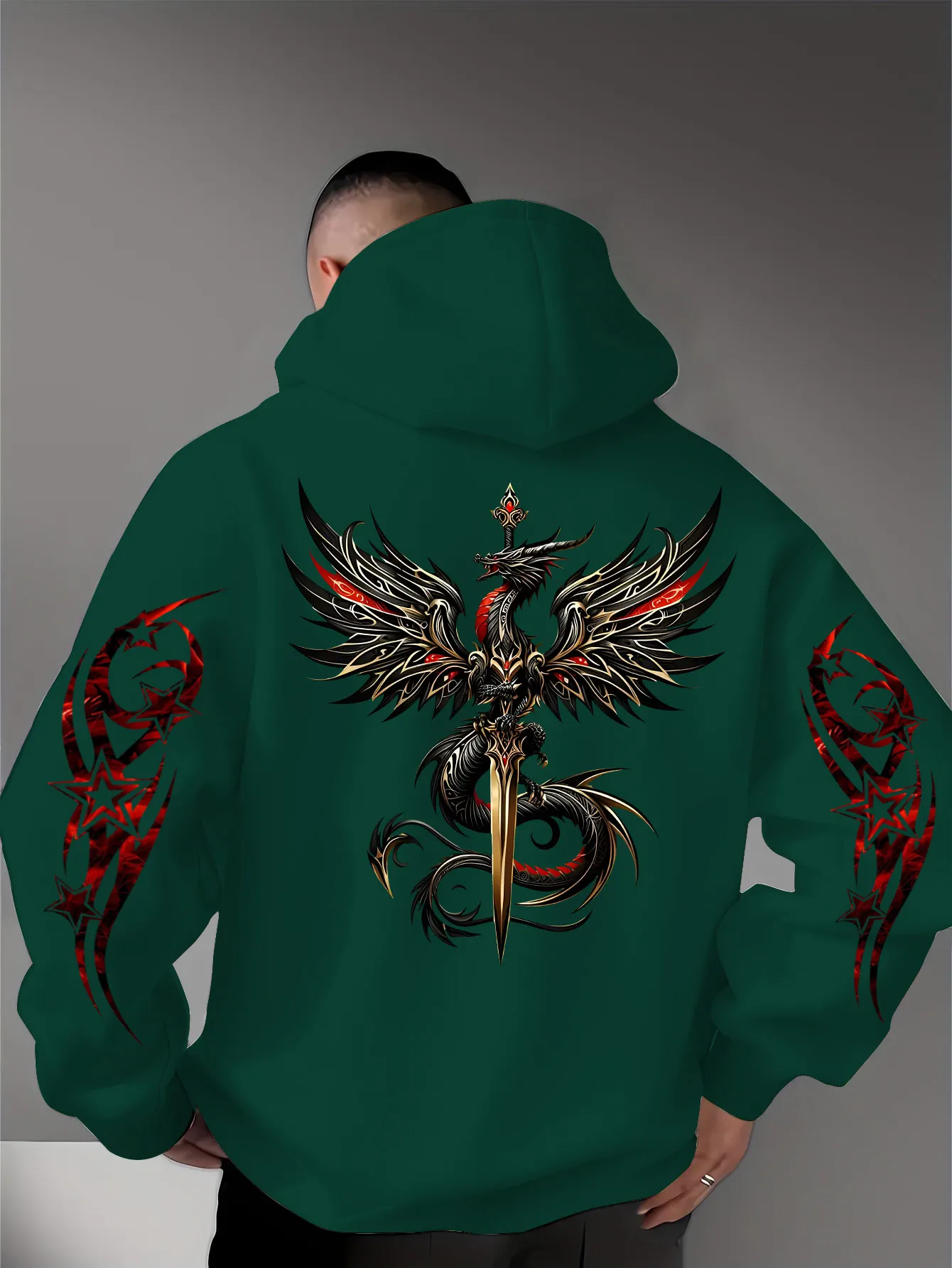 Herren Gothic Drachenschwert Hoodie Rot-Gold Drachen-Grafik Schwarzer Streetwear Pullover Sweatshirt Hip-Hop Sport Casual Top – Detail 8