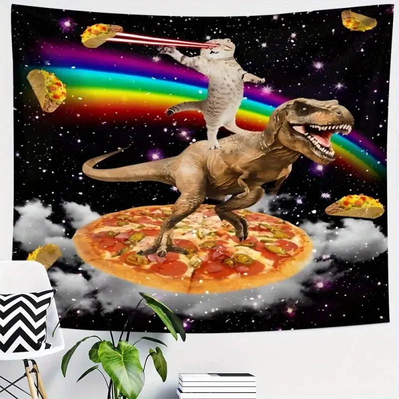 Fantasy Cartoon Parody Tapestry Tyrannosaurus Rex Pizza Rainbow Laser Cat Game Room Home Decoration for Living and Daily Use