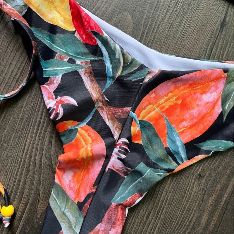 New Bikini Digital Printed Sexy Lace-up Halterneck Triangle Split Swimsuit Female Wholesale