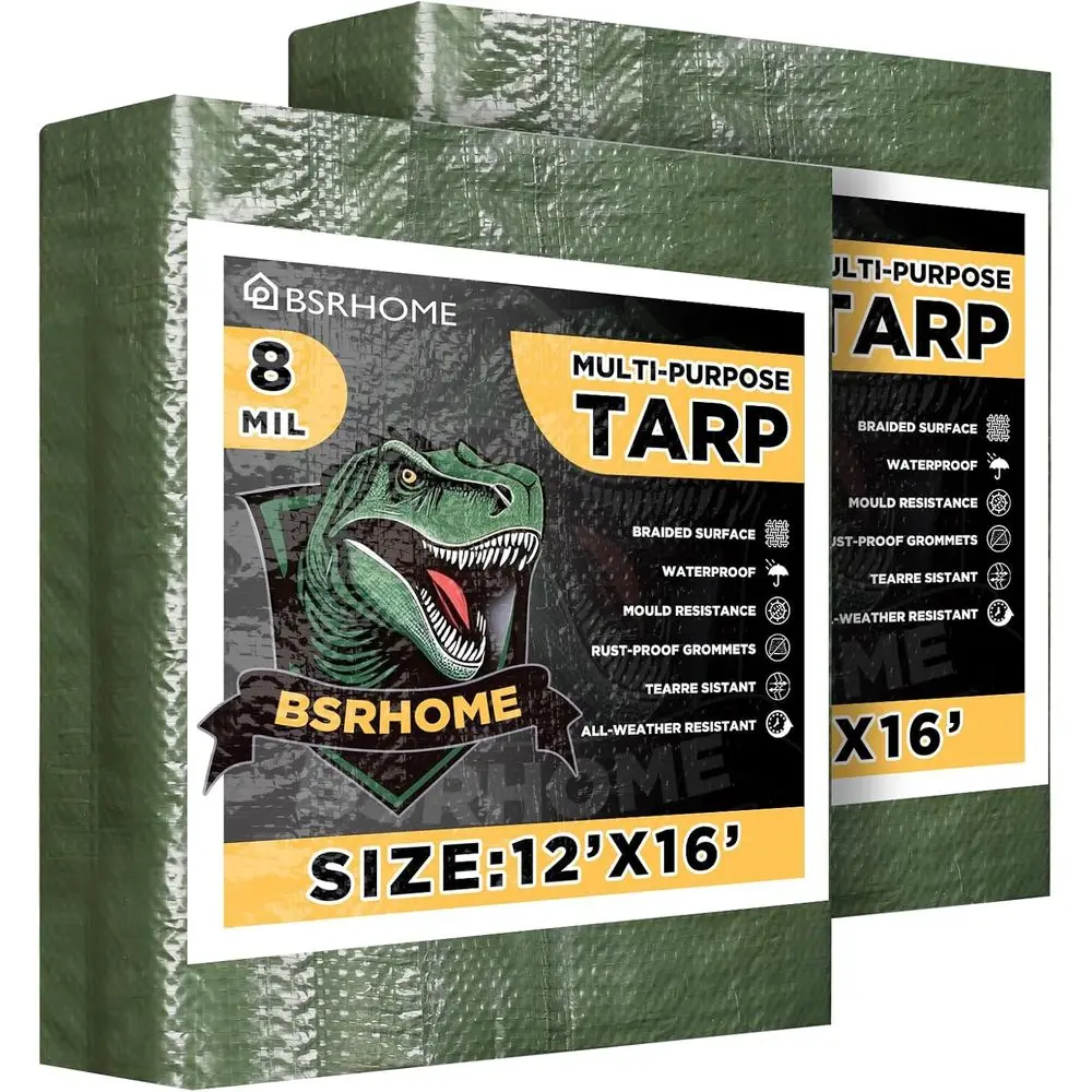 

12x16 Heavy-Duty Green Tarp, 2-Pack, 8 Mil Thick, with Metal Grommets, Waterproof Outdoor Cover
