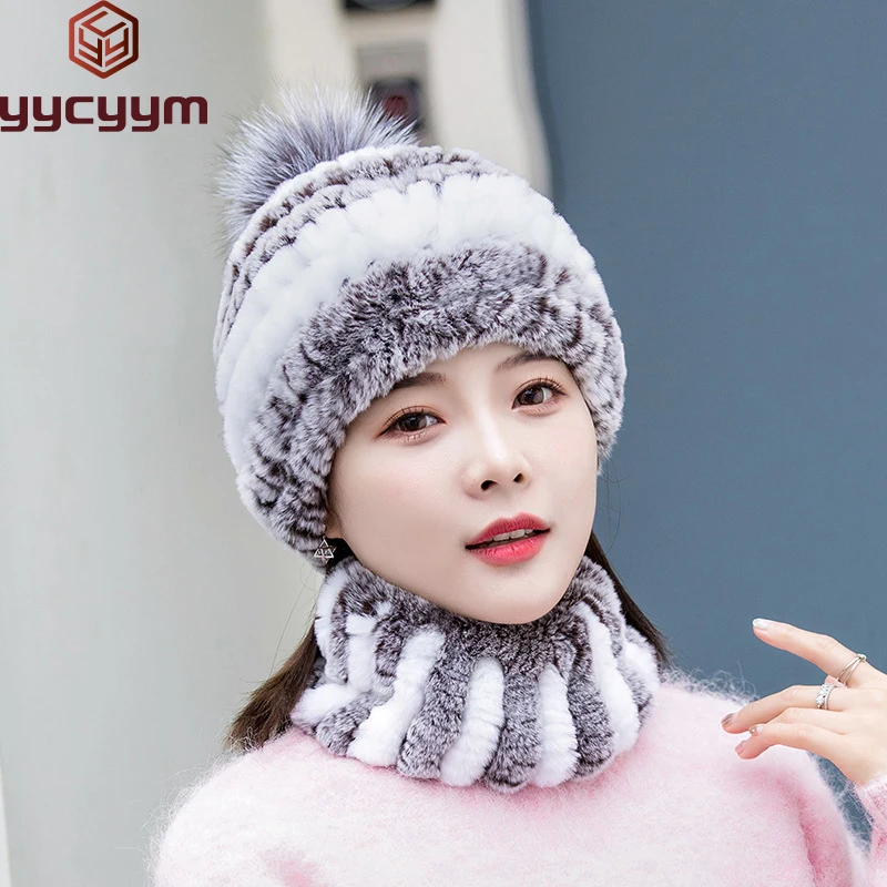 

Fashion Girl Fur Cap Lady Winter Natural Real Rex Rabbit Fur Hat Scarf Suit High Quality Women 100% Genuine Fur Hat