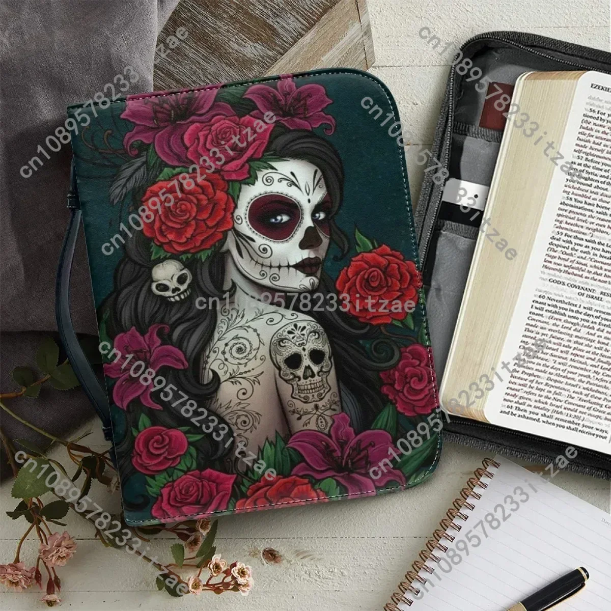 

Classic Gothic Skull Rose Print Handbags for Women Leather Bible Bag Practical Church Bible Storage Bag Custom Bible Cover Case