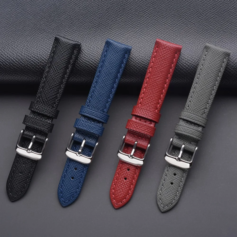 EACHE Saffiano Leather Watch Strap Checkered Cross Pattern Watchband 18mm 20mm Watchstrap Red Pink Blue Black Orange