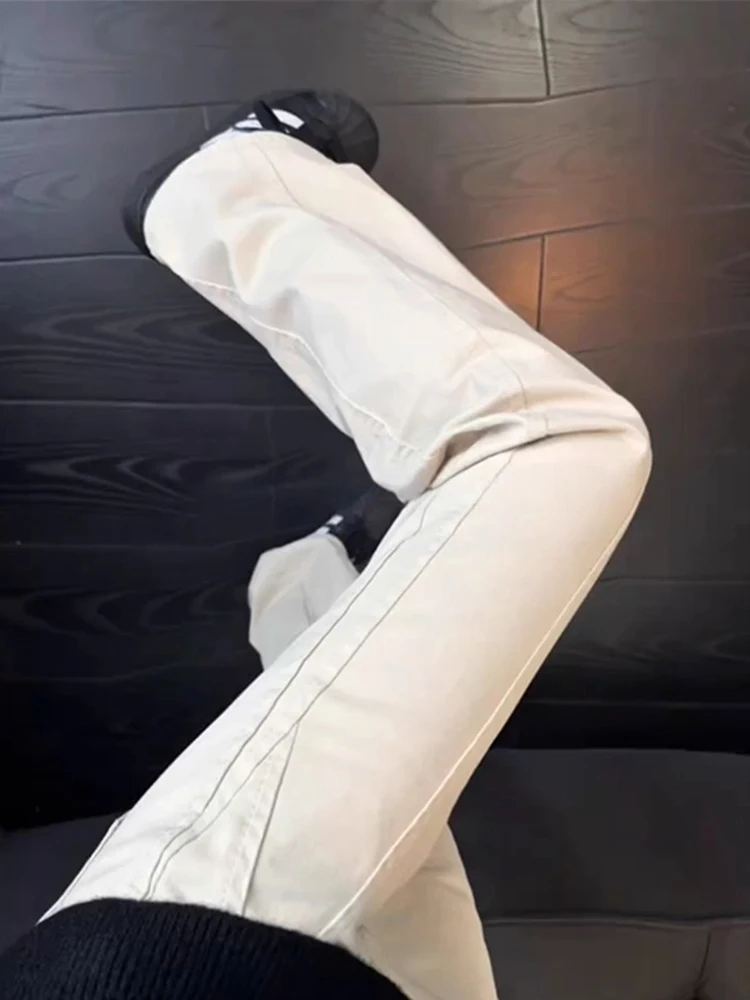 

Khaki Spliced Deconstructed Pure Cotton Men's Jeans Autumn Winter American Straight Leg Fce Lined Pants Knife Wide Leg Wor...