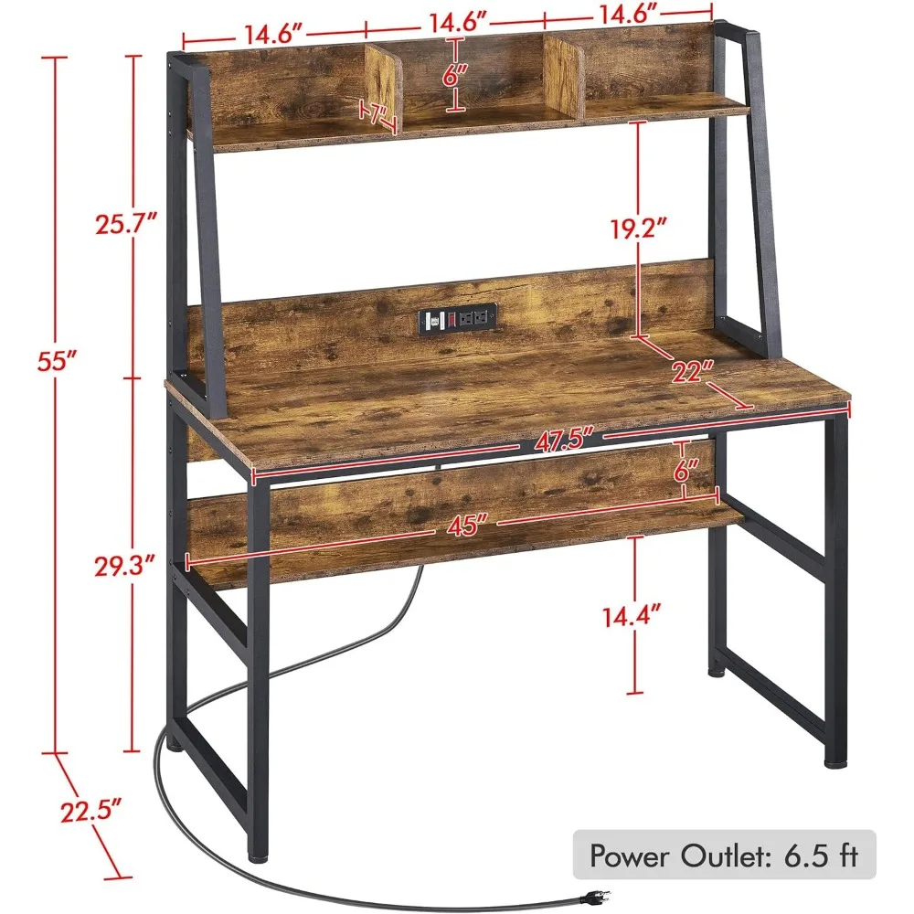 مكتب كمبيوتر معاصر مقاس 47 بوصة مع منافذ طاقة مدمجة ومنافذ شحن USB مزدوجة، مثالي للمكتب المنزلي والدراسة و