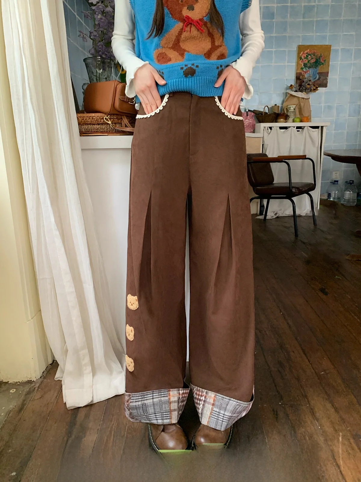 

Винтажные женские повседневные брюки, бархатные прямые брюки с высокой талией и манжетами для отдыха, осенний сезон, свободный крой