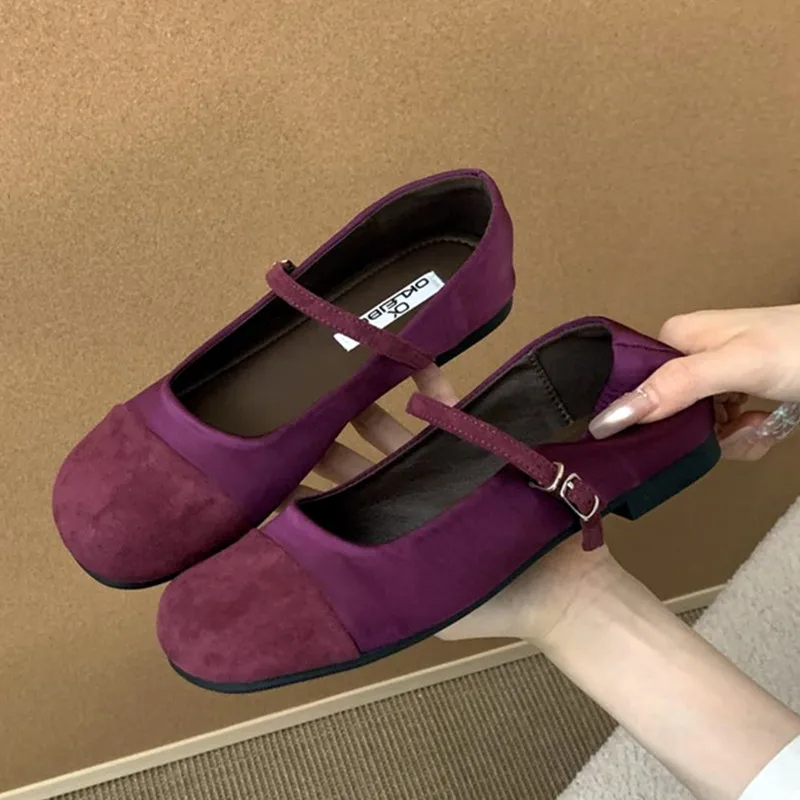 

Милые разноцветные атласные бархатные балетки, женские модные туфли Мэри Джейн с круглым носком и узкой пряжкой для женщин, удобная повседневная обувь