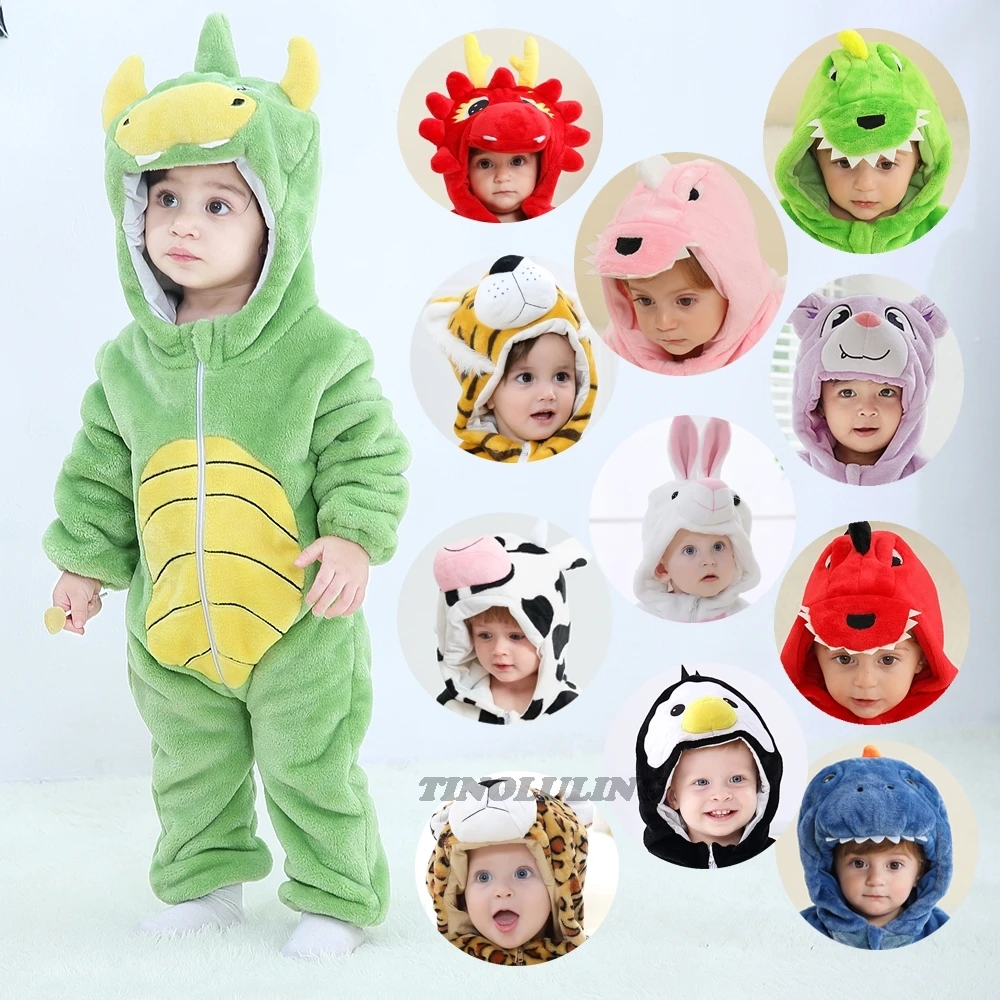 Kids 0 to 1 2 3 4 Years Dinosaur Kigurumi Pajamas Winter Baby Girl Clothes Unicorn Rabbit Cow Bodysuits Toddler Hooded Pijamas