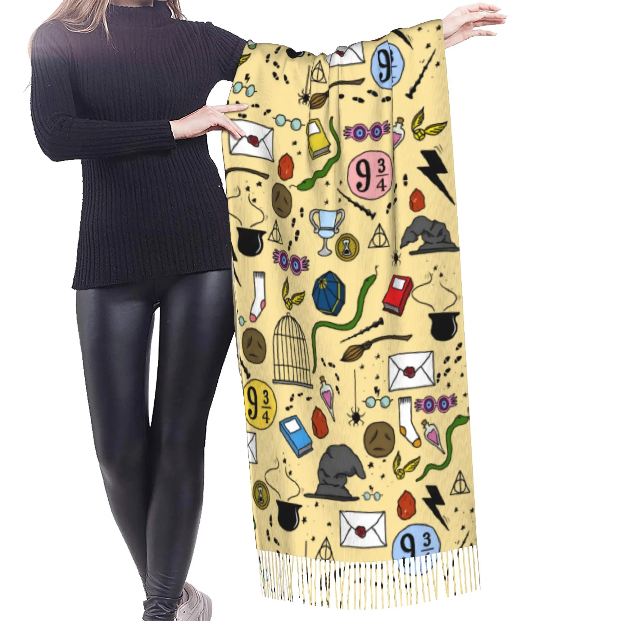 Custom Ladies Long Halloween H-Harryed Scarves Women Winter Fall Thick Warm Tassel Shawl Wrap Magic School Spooky Scarf