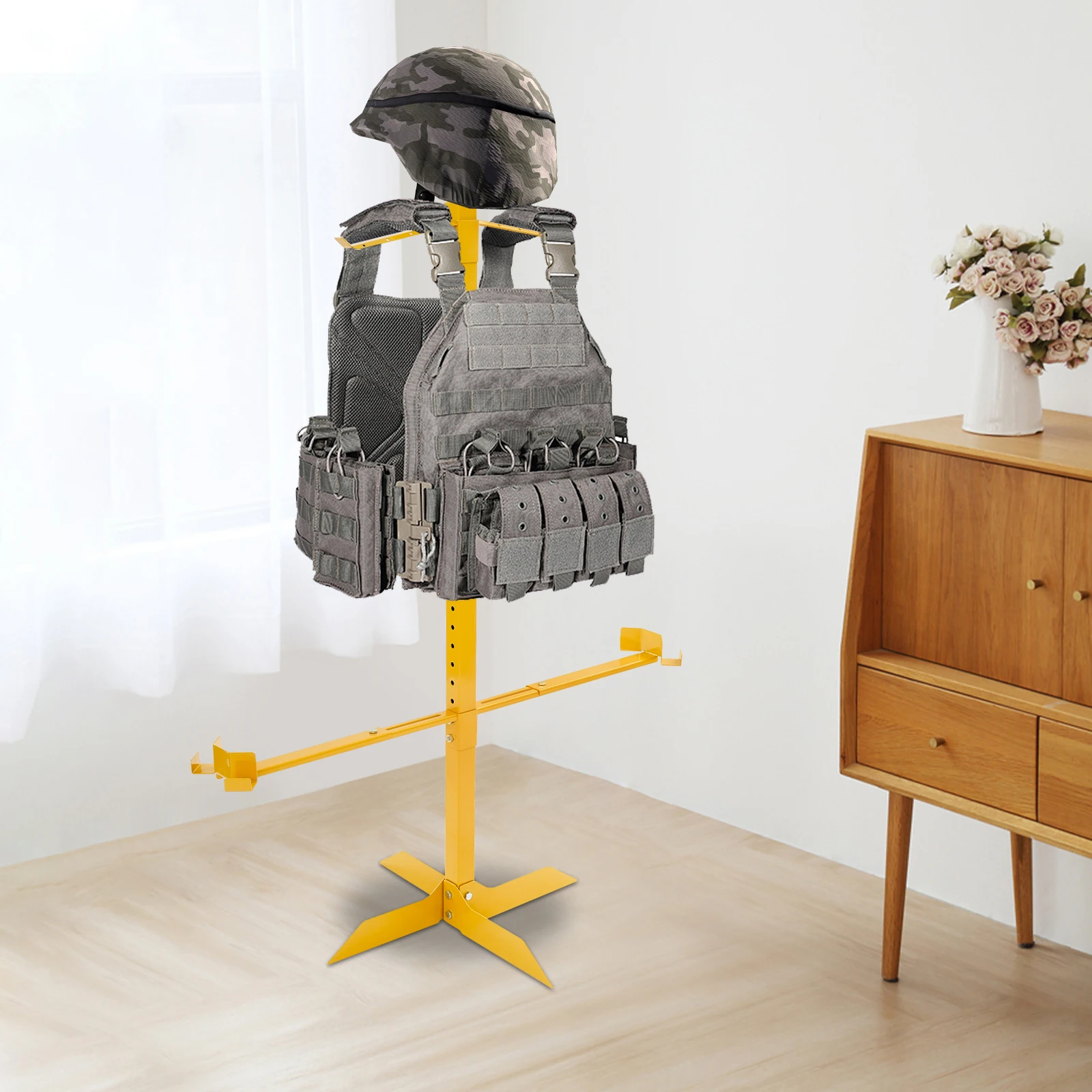 Tactical Military Gear Stand – Iron – Electrostatic Coating – 85 lbs Capacity – Adjustable Vest Holder 7 Levels – Belt Holder 2 Levels – Hat + Gun Holder – Floor Standing – 22.44