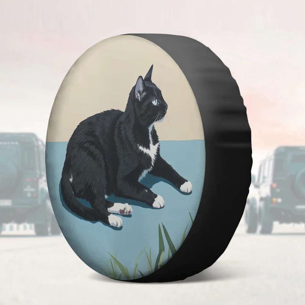 1pc 2D Flat Printing Tire Cover - Cute Sleeping Cat Design, Durable Polyester Fabric, Fit For All Vehicles, No Electricity Neede