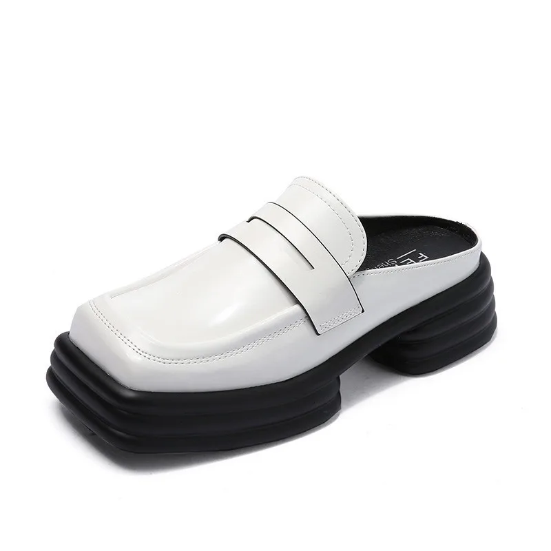 Summer Woman Baotou Half Slippers Women Fashion Square Toe Bow Mules Platform Casual Shoes British Style Patent Leather Slides