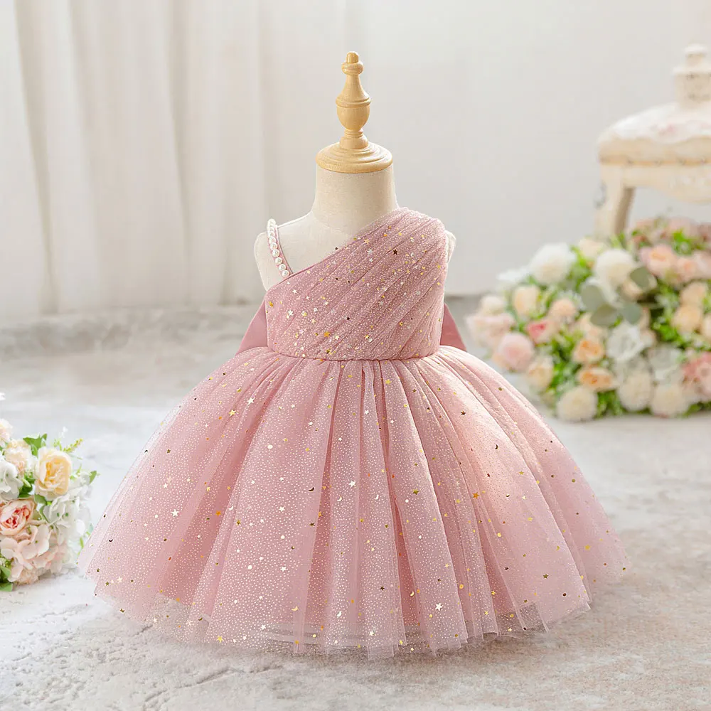 Fashion New Children Girls Sequin Dress Sloping Shoulders Bow Baby Girl Princess Dress Summer Kids Girl Evening Gown 1-8 Years