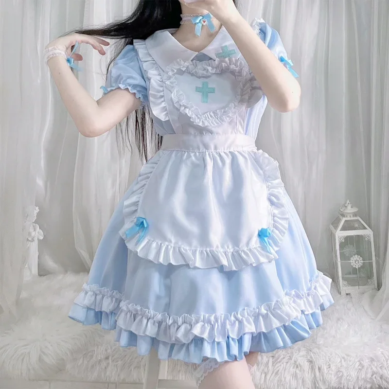 Vestido Vintage Lolita de manga corta para mujer, traje de princesa con volantes y lazo, traje de juego de rol de sirvienta de Anime, 4 colores