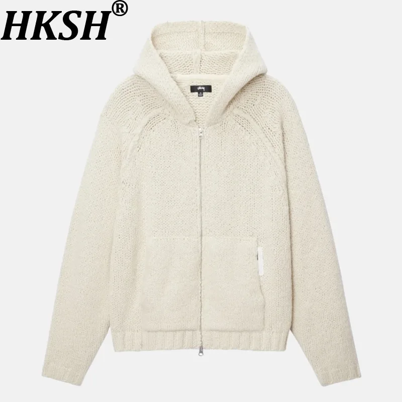

HKSH Spring Autumn New Men Tide Darkwear Knitted Wool Zipper Jacket Hooded Cardigan Warm Sweater Chic Ins Y2K Sweatshirt HK14785