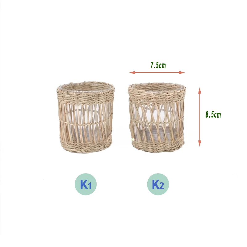 Handcraft Rattan Woven Tealight Candle Holder, Rustic Vintage Seagrass Glass Votive Candle Holders for Dining Table Decoration