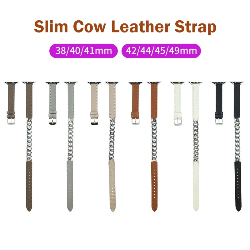 

Genuine cow Leather Metal slim bands for apple watch 8 7 6 SE 5 4 3 38MM 42MM Strap Bracelet for Iwatch 40MM 44MM 41MM 45MM 49MM