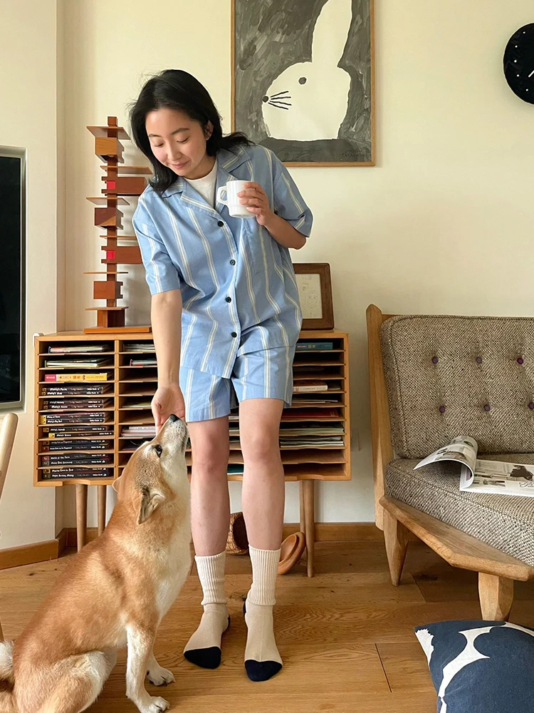 

Summer Stripe ort Sve Spwear Set Casual Home Clothes Women's Design 2024 New Sle Button Decoration ort Pants