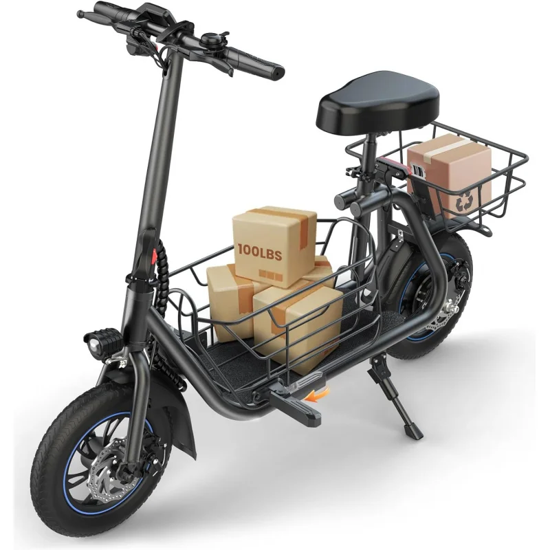 Trottinette électrique avec siège pour adultes, moteur injuste de 550W, autonomie de 20 milles, vitesse jusqu'à 18,6 mph, grand stockage pour animaux de compagnie, cargaison