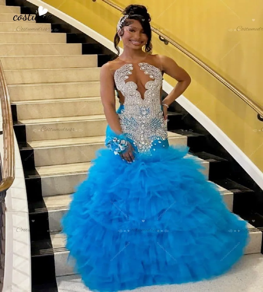 Luxury Blue Diamond Evening Dress With Crystal Mermaid Black Girls Prom Dress 2026 Ruffles Bottom Nigeria Birthday Party Gowns