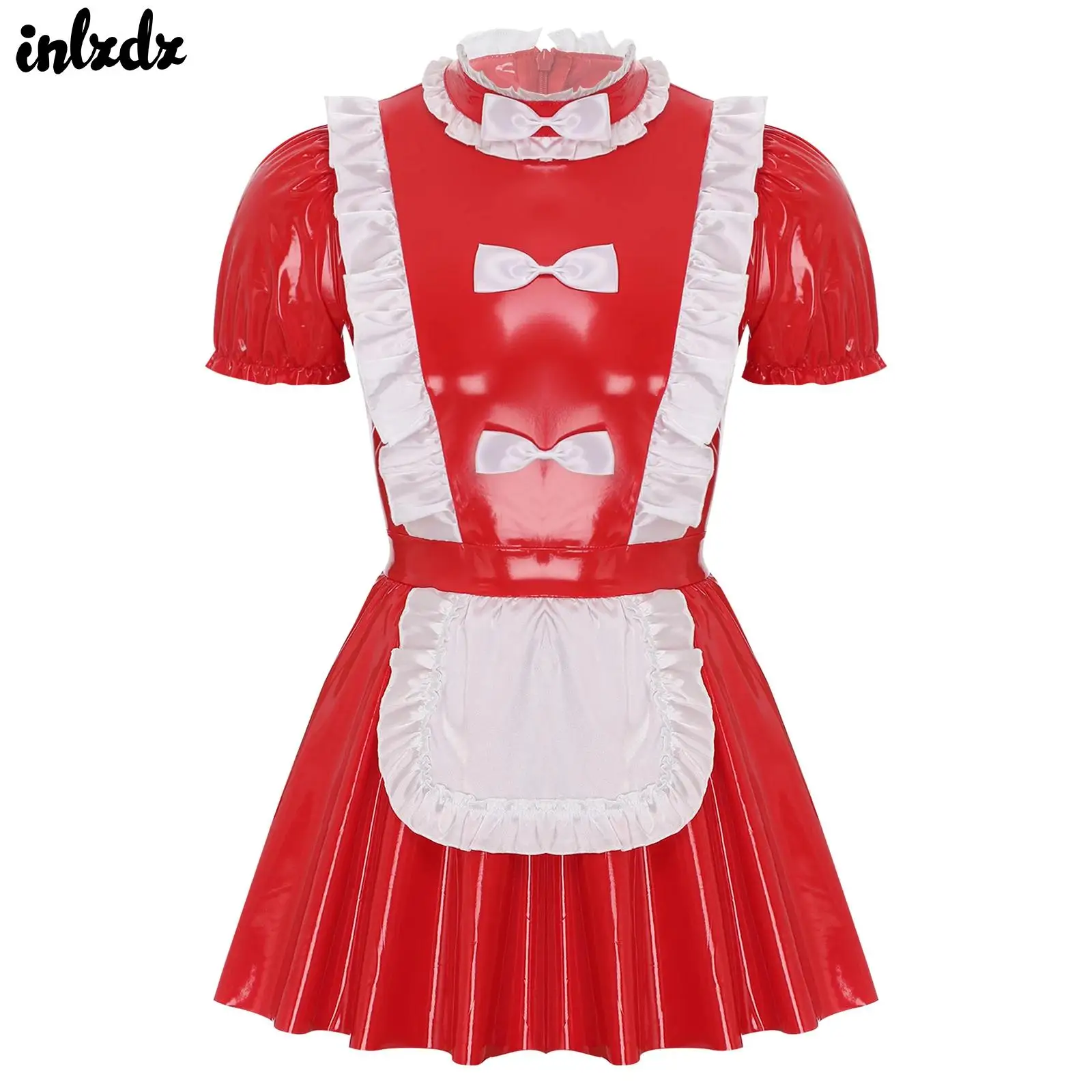 Mens Patent Leather Sissy French Maid Dress Naughty Maid Uniform Clubwear Glossy Ruffles Trim Bow Apron Puff Sleeve A-Line Dress