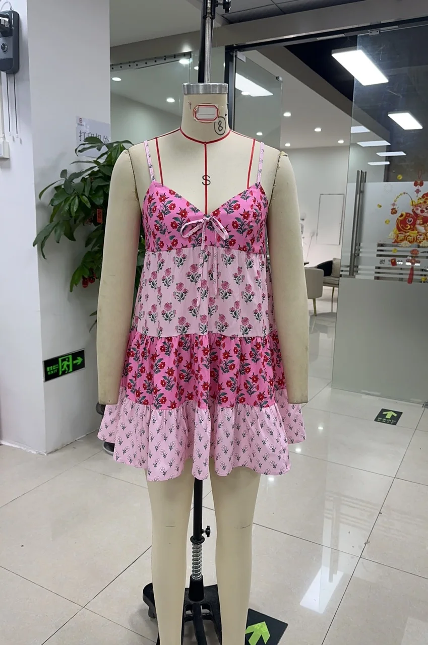 여성 여름 미니 캐미 드레스 민소매 오픈 백 V 넥 플라워 프린트 스파게티 스트랩 드레스