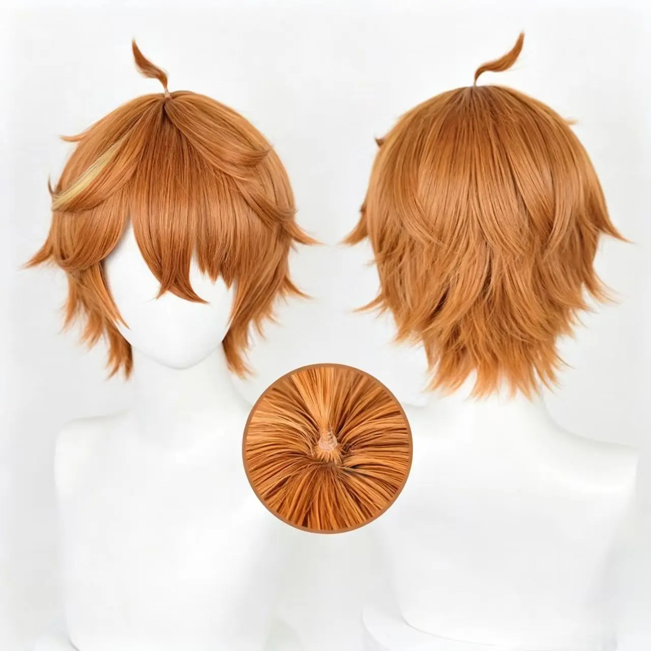 Genshin Impact Tartaglia Childe Cosplay Wig Orange Mixed Blonde Short Fluffy Wig Simulated Scalp Top For Halloween Costume Party