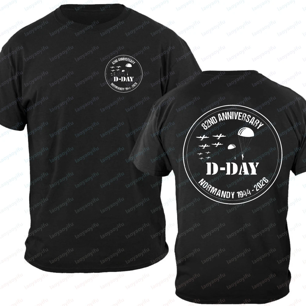 82nd Anniversary D-Day Normandy Landing 2026 T-Shirt Men's Airborne Parachute Plane WWII Double-Sided Print White Cotton Tops