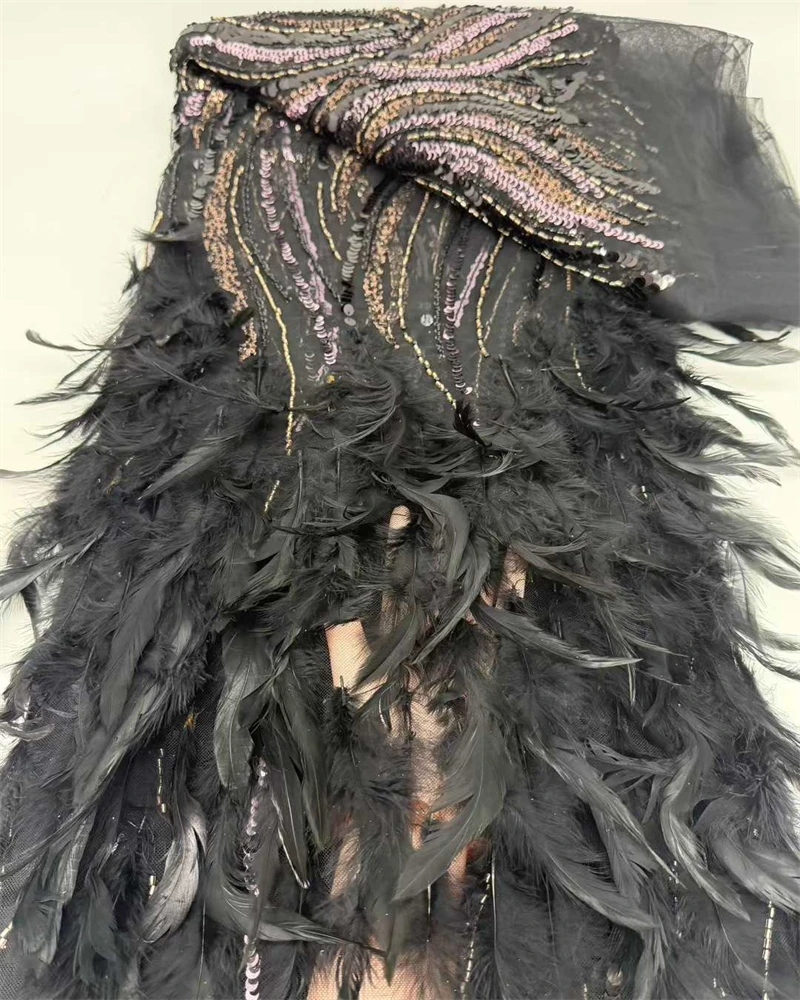 Newest African  Feather Mesh Lace Fabric 2026 French Nigerian Handmade Beaded Sequin Lace Fabric for Ladies Party Dress Sewing