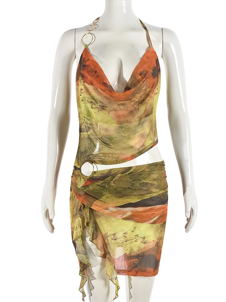 원피스 여성용 불규칙 홀터, 섹시한 메쉬 스윙 칼라, 할로우 스팽글 러플 스플릿, 술 시크 스키니 바디콘, 이상한 고삐, 여름