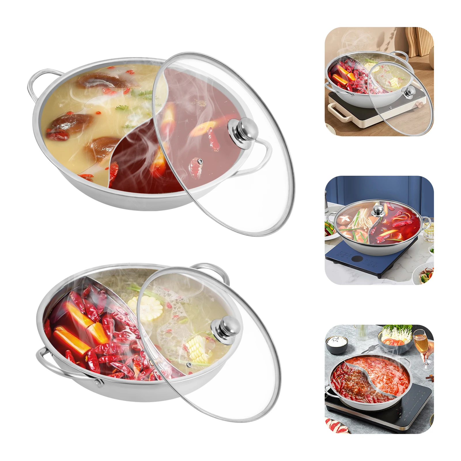 Stainless Steel Hot Pot With Divider,Installation-Free Cookware Set，Pot With Glass Lid,Suitable For Use With Stoves And Ovens