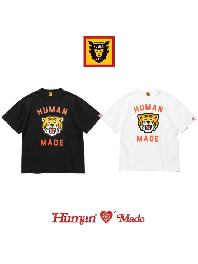 Human Made Heart Tiger Slub Cotton Crewneck T-Shirt, Letter Graphic Tee for Couple Unisex