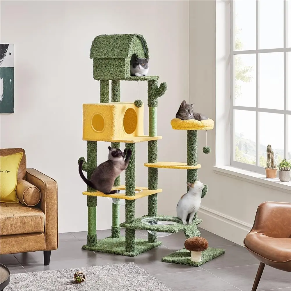 

Cactus Cat Tree, 68.5in H Oasis-Themed Cat Tower for Indoor Cats, Extra Large Cat Condo Play House with Flower-Shaped