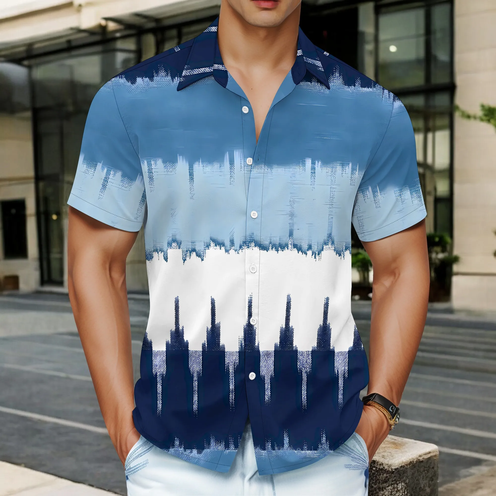 

YEAE Blue White Gradient Wave Print Shirt for Men Summer Casual Short Sleeve Top