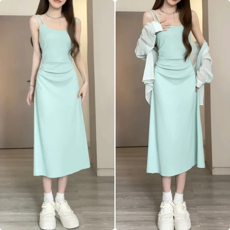 Yanling Matsumoto Funeral Mint Green Strap Dress Knitted Elastic Waist-Tightening Slimming Slightly Transparent Anti-DDoS Shirt