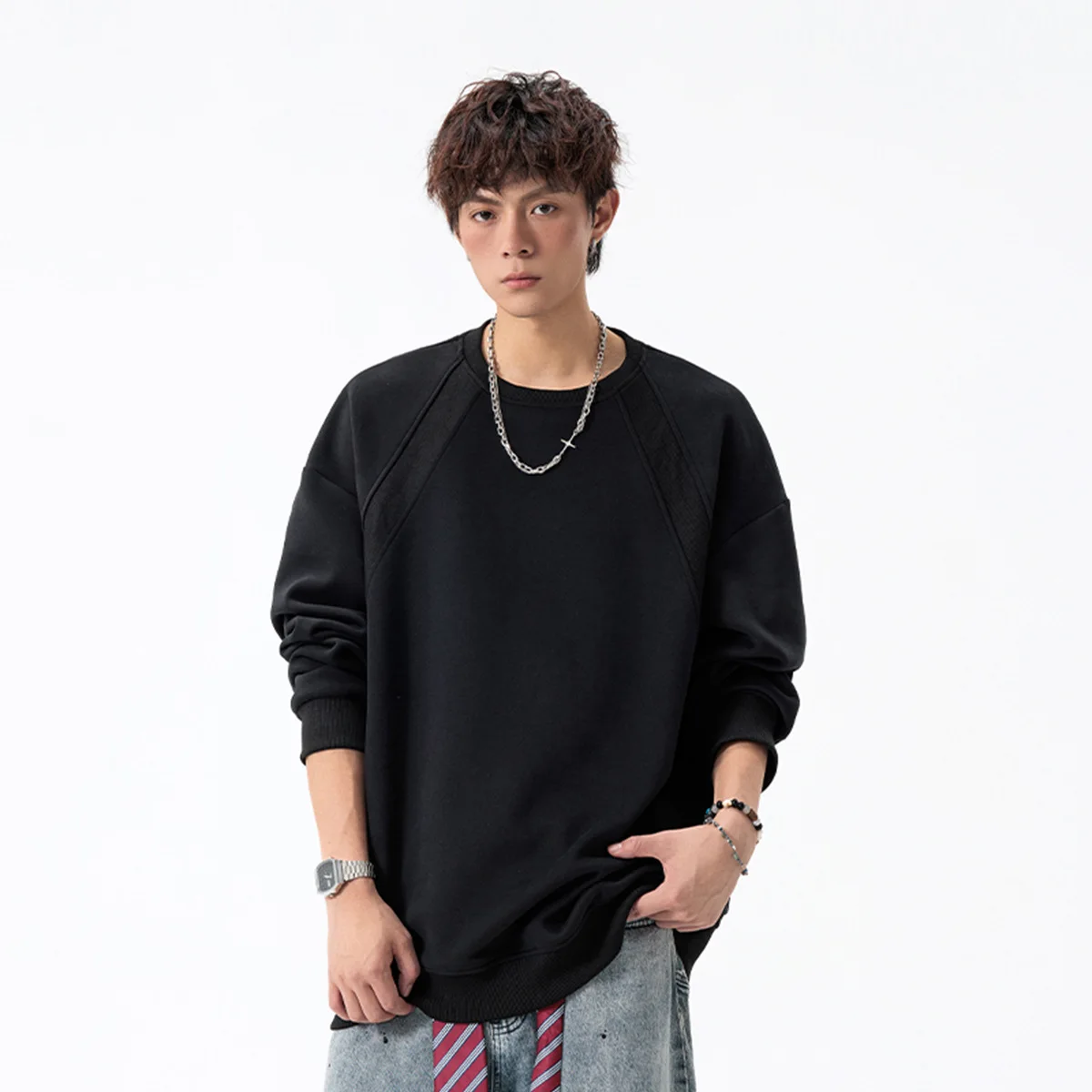 Male Autumn Spliced Clothes Men's O-neck Long Sleeve Solid Color Loose Simple Basic Casual Trendy Daily Pullover Sweatshirts