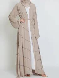 Frisado aberto abaya dubai turquia primavera verão festa sólida muçulmano moda hijab vestido com cinto abayas para mulher kimono islam kaftan