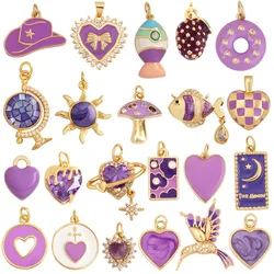 Trendy Purple Series Flower Star Love Heart Charm Pendant,Mixed Style 18K Gold Plated Necklace Bracelet Jewelry Findings Supplie