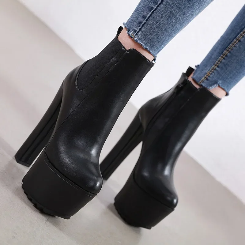 16CM grube buty na wysokim obcasie platforma damska gumką boczny zamek błyskawiczny Chelsea Boots czarne botki Zapatos Para Mujeres