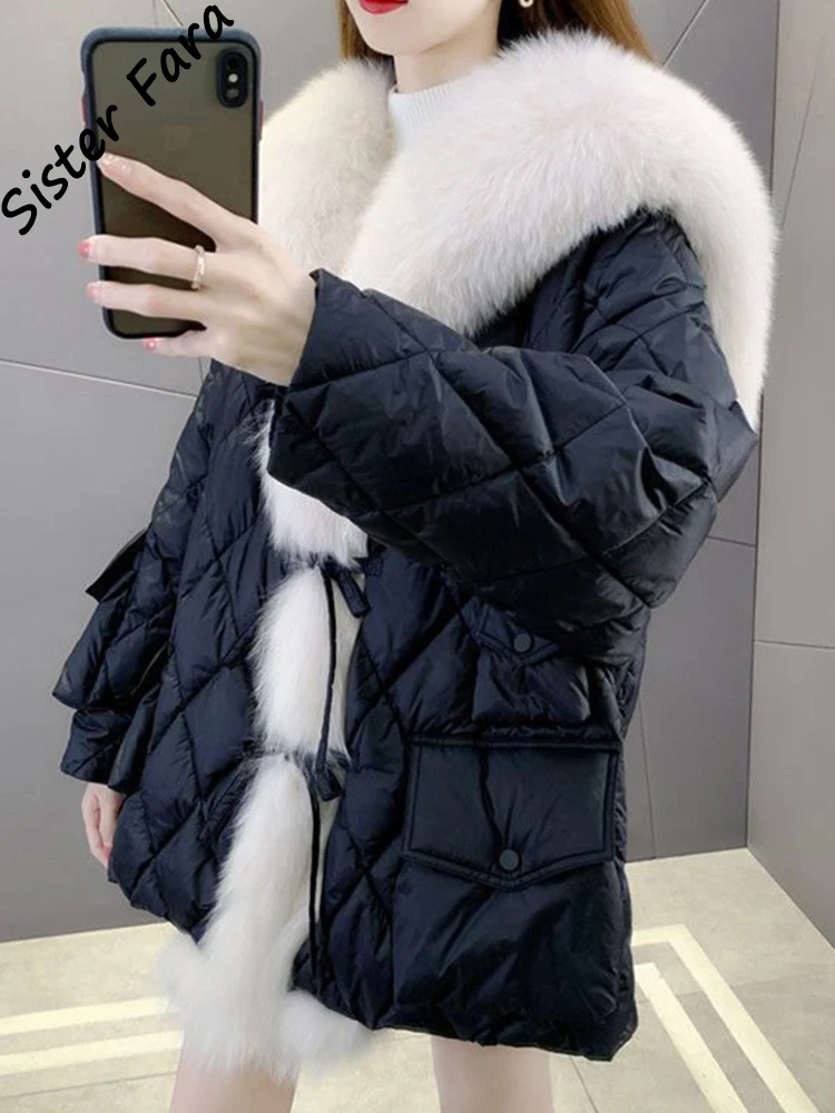 

Sister Fara Long Navy Fur Collar Down Jacket Winter Jacket Women 2022 Women Down Jacket Fur Warm Coat Women Solid Down Overcoat