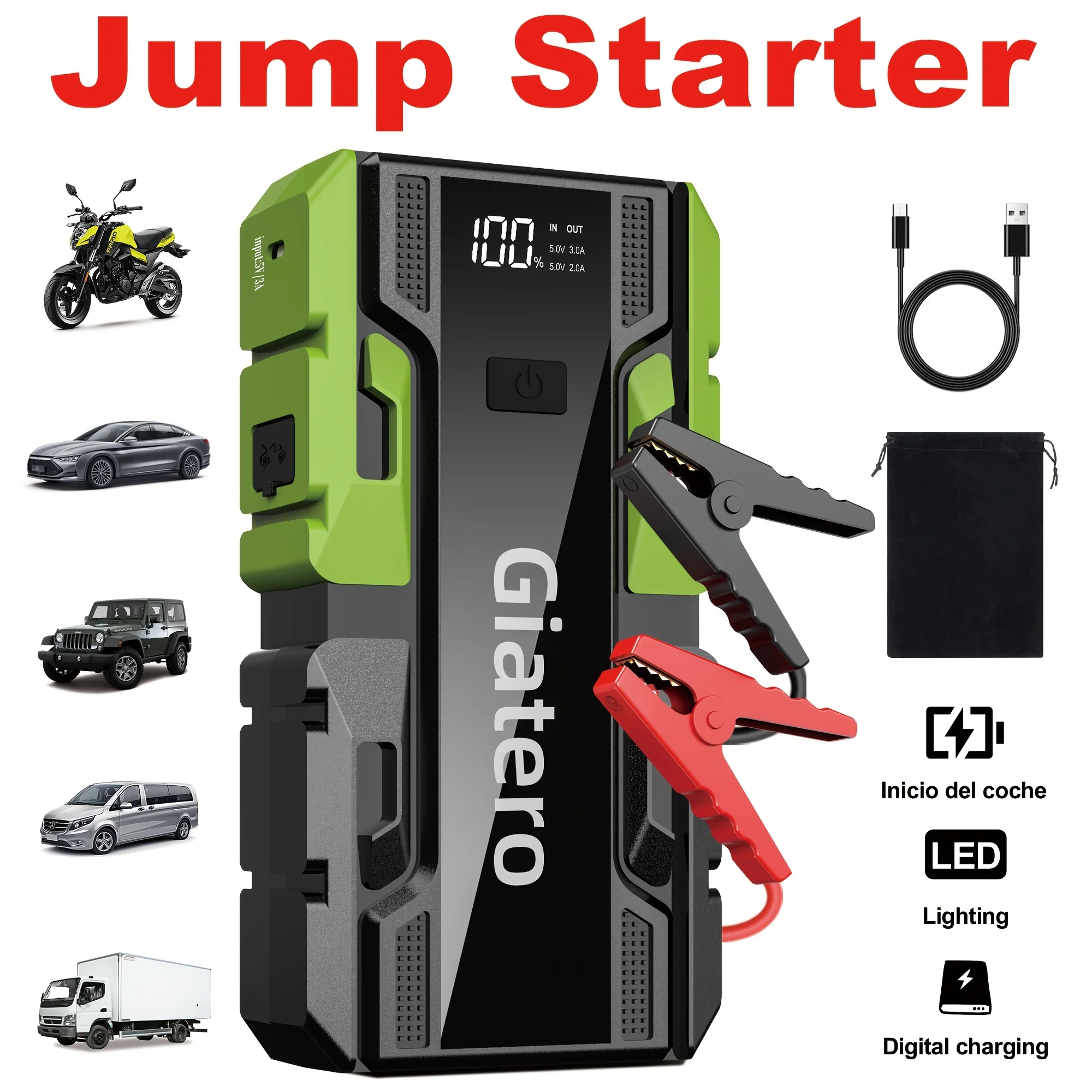 Portable Car Emergency Starter Power Supply, Equipped with an Air Compressor Tire Inflator, Suitable for Up to 3.7gal Gasoline Engines And 3.17gal Diesel Engines, And Specifically Designed for 12V Trucks And Cars As an Emergency Starter Power Supply