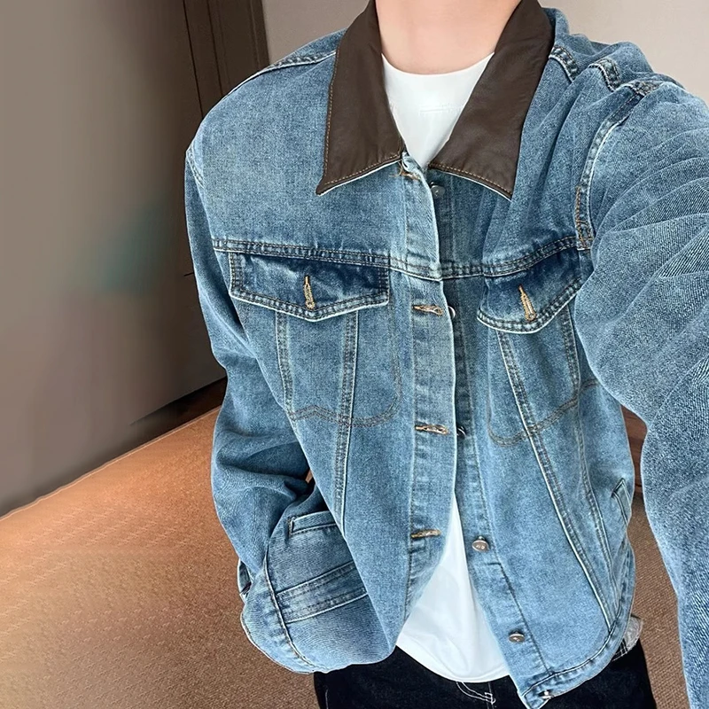 

Мужская джинсовая куртка с кожаными вставками и цветовыми блоками, осенняя, свободного кроя, модная, повседневная, в винтажном стиле, с эффектом потертости, для мотоциклистов, в стиле хип-хоп, уличная одежда