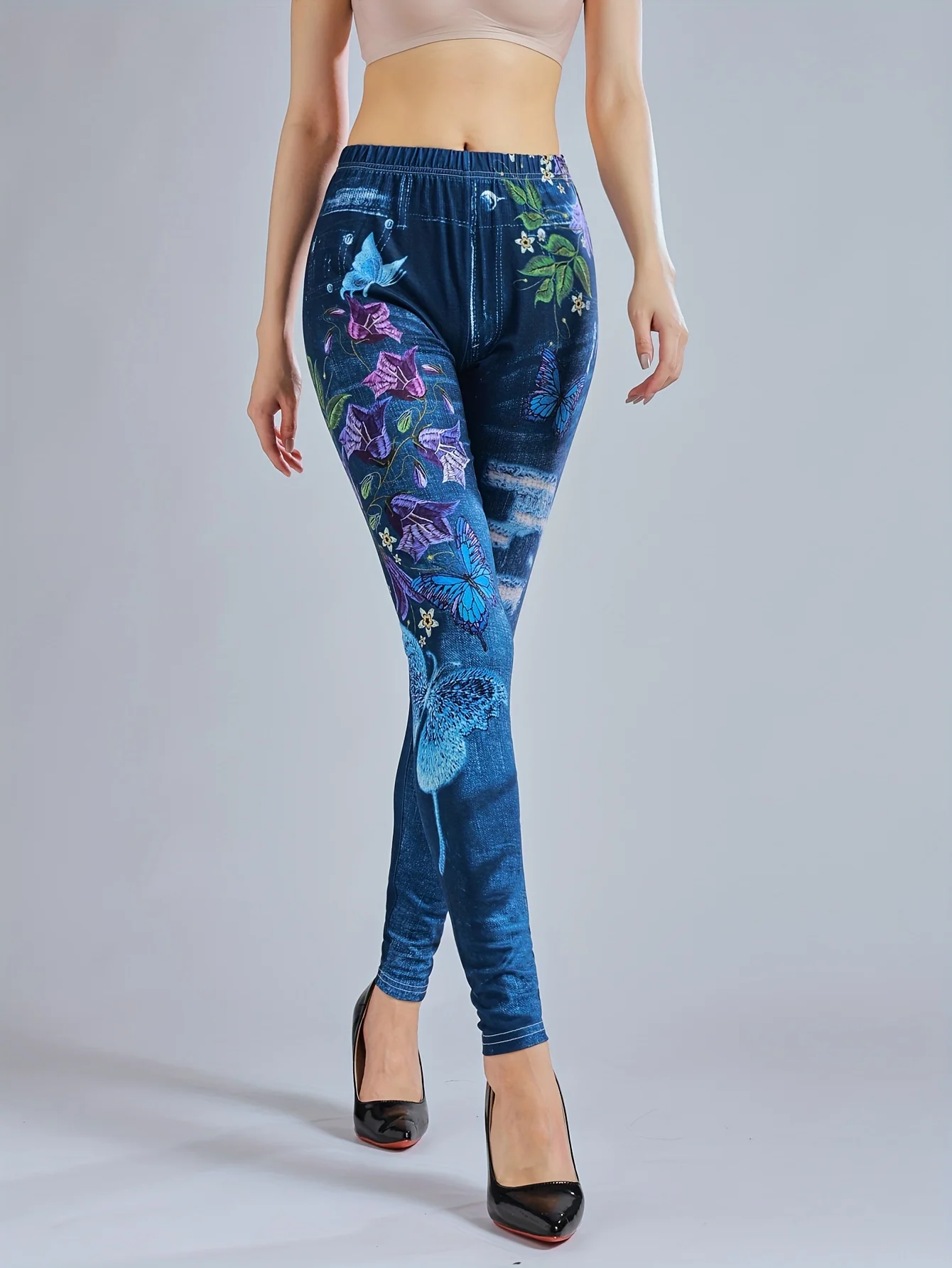 Leggings women\'s imitation denim floral printed long pants with slim fit high elasticity and high waist for casual wear