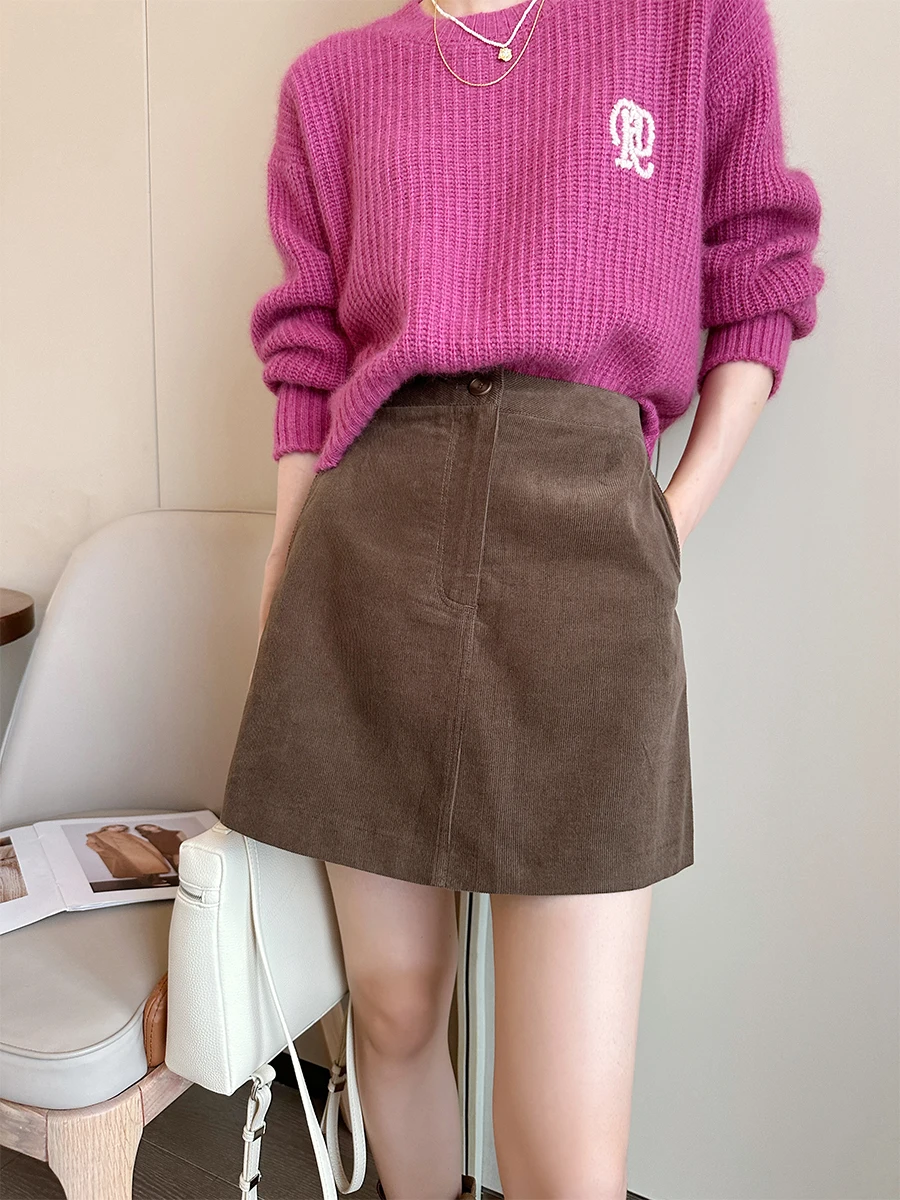 

Сводная коричневая вельветовая юбка трапециевидной формы для женщин с высокой талией, повседневная одежда в стиле трибун, для путешествий, офиса, свидания