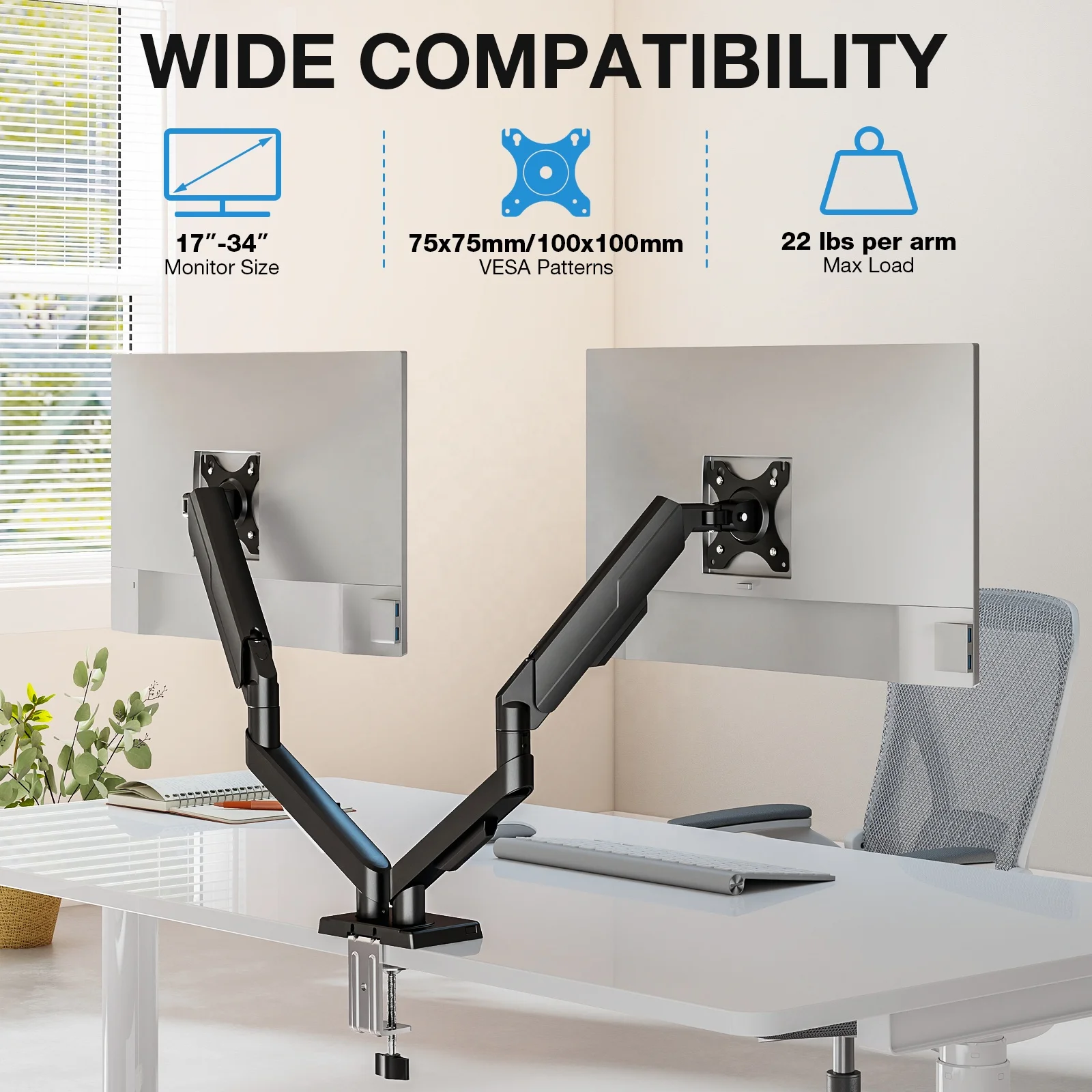 Alloy Steel Gas Spring Dual Monitor Arm For 17-32 Inch Screens 9kg Load Capacity Clamp/Grommet Full Motion Swivel Tilt Rotate