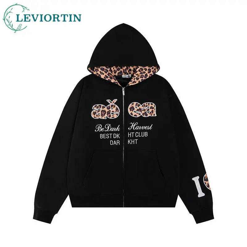 

2025 осенне-зимняя мужская новая свободная повседневная куртка с леопардовым принтом, вышивкой и буквами, свободная толстовка с капюшоном, куртка