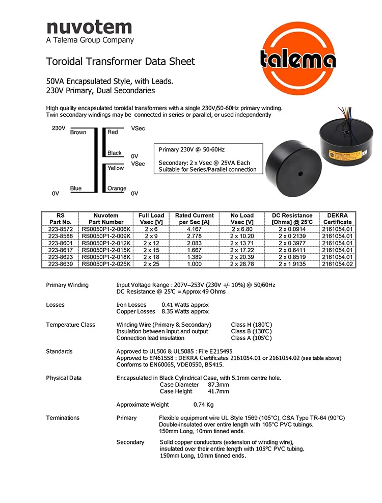 Nuovo trasformatore ad anello bue con anello sigillato originale Talema 50W doppio 12V 15V 18V
